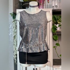 VINTAGE Silver Full Sequin Metallic Blouse XLarge Loose‎ Flowy Party Holiday
